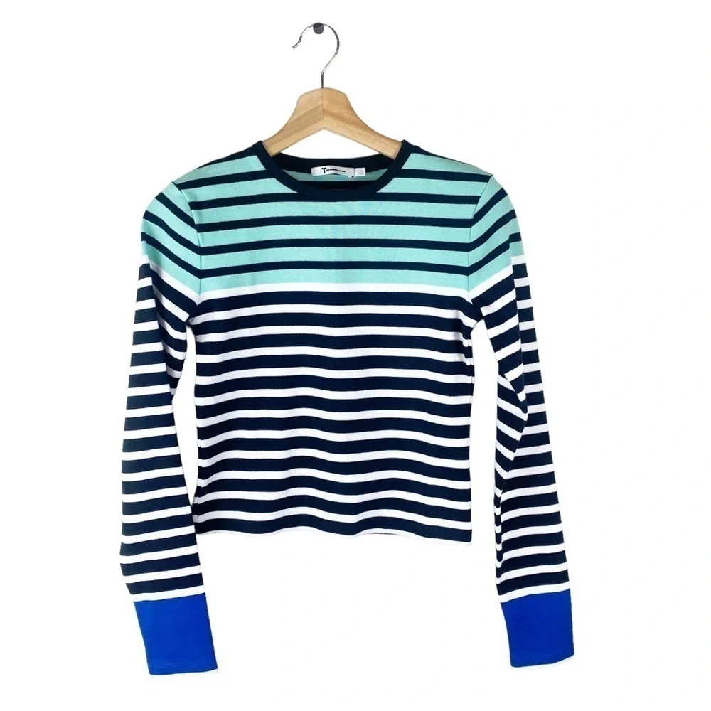Alexander Wang Mint Aqua Blue White Striped Cropped Knit Pullover Sweater Size S